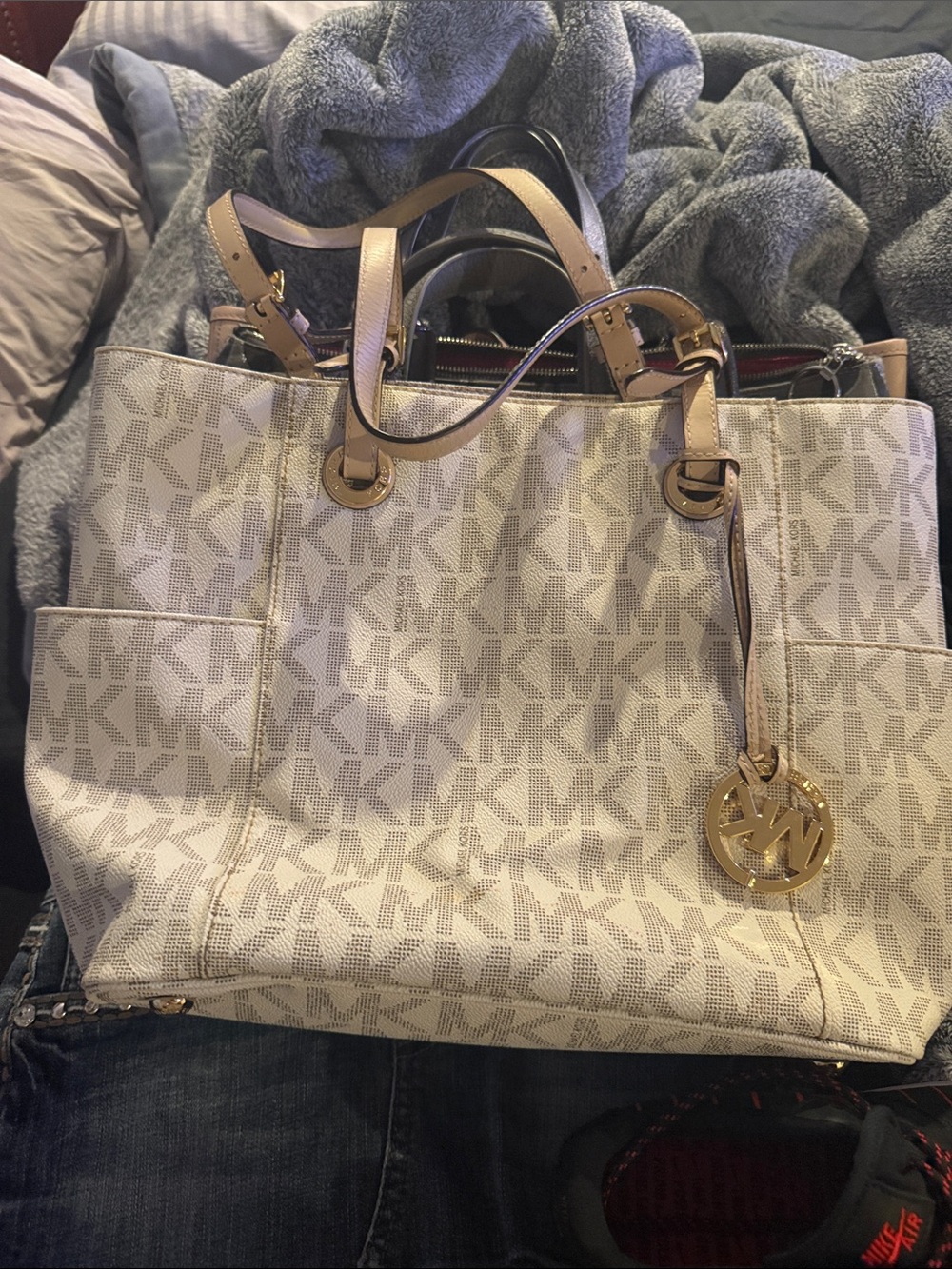 Michael Kors Cream Beige MK Logo Tote with Gold Hardware